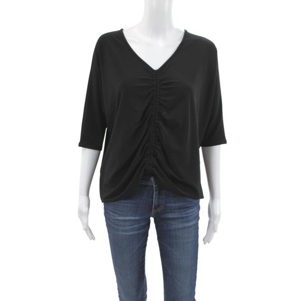 Sympli Women Jersey V-Neck 3/4 Sleeve Solid Black Blouse Size 6